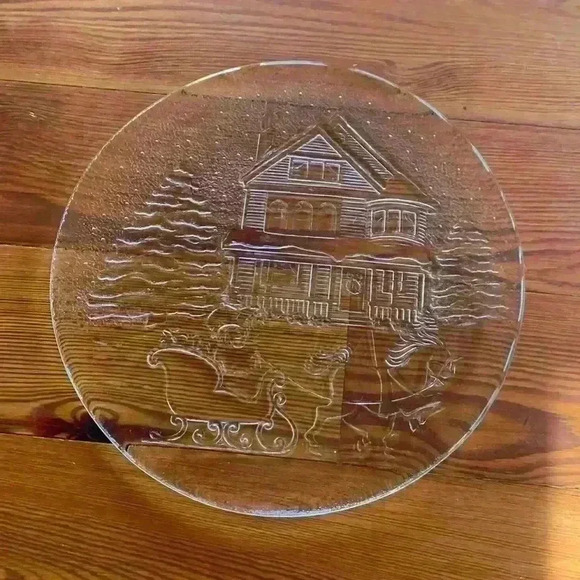 Libby Christmas Winter Sleigh Ride Scene Serving Platter/Clear Glass - Picture 1 of 8